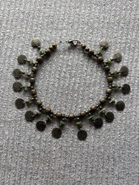 Bohemian theme bronze tone anklet with dangly turquoise stones & round charms